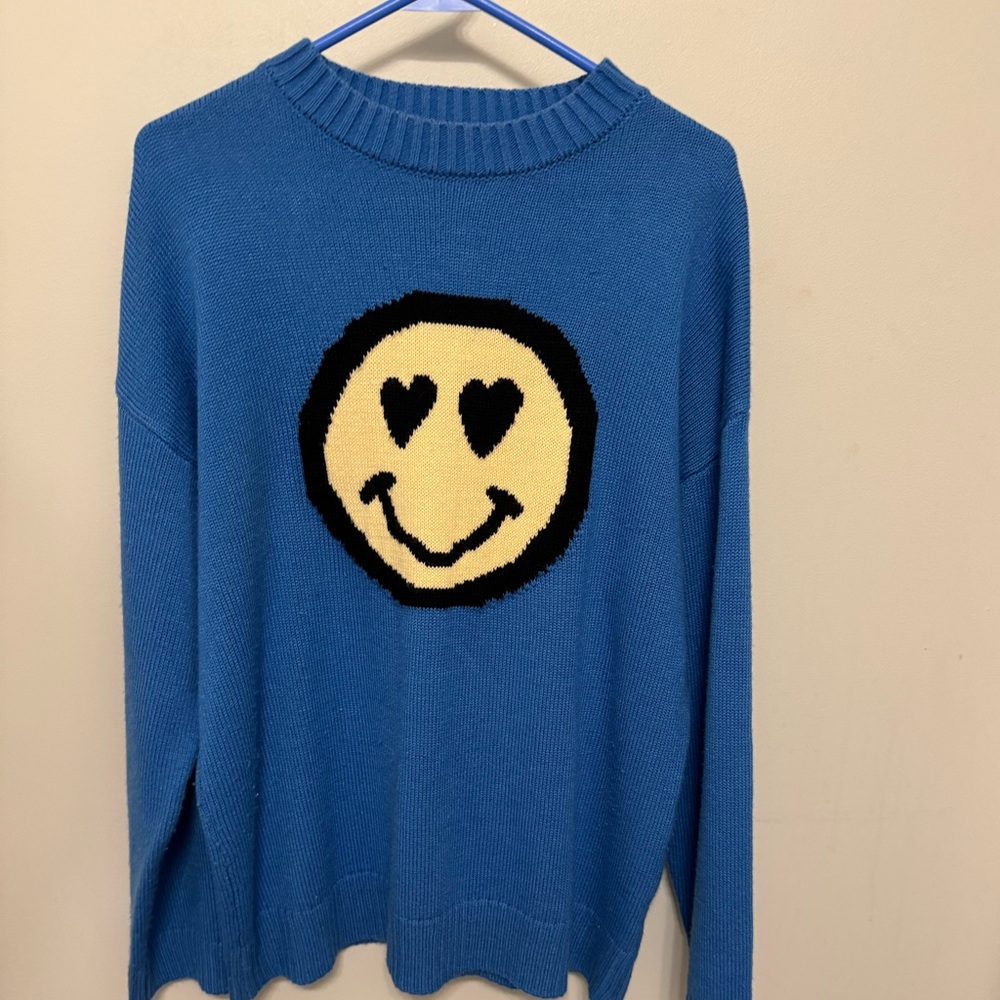 Blue Smiley Face Crew Neck Sweater Classic Knit